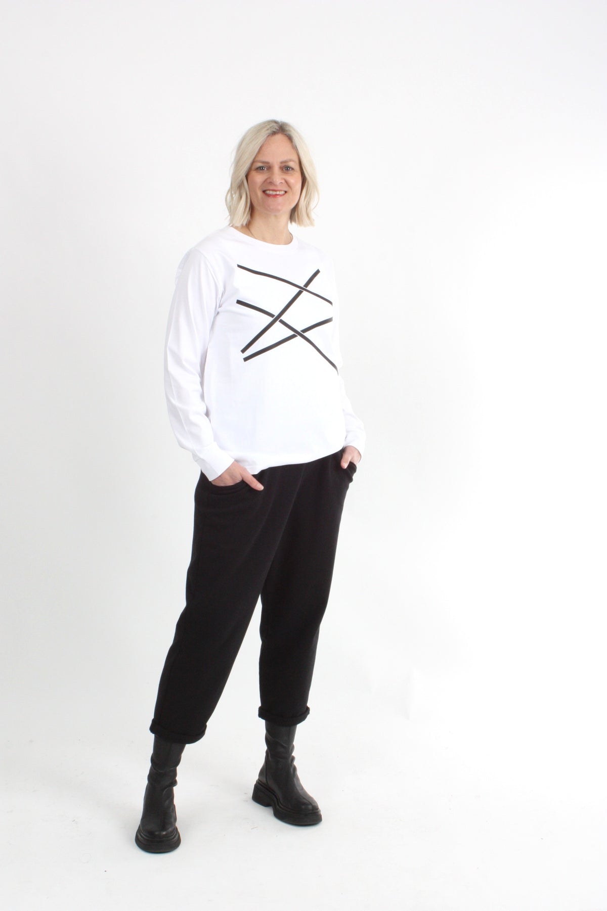 Long Sleeve Tee - White with Black Lines Print - Pre Order