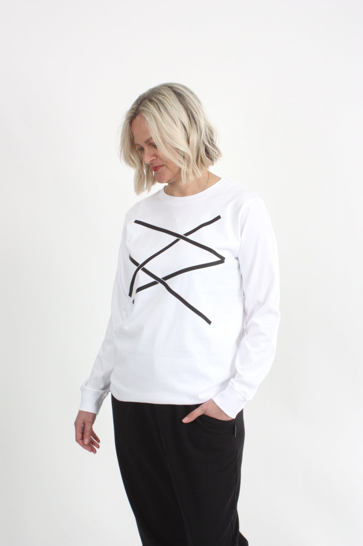 Long Sleeve Tee - White with Black Lines Print - Pre Order