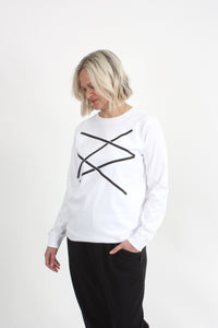 Long Sleeve Tee - White with Black Lines Print - Pre Order