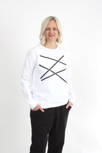 Long Sleeve Tee - White with Black Lines Print - Pre Order