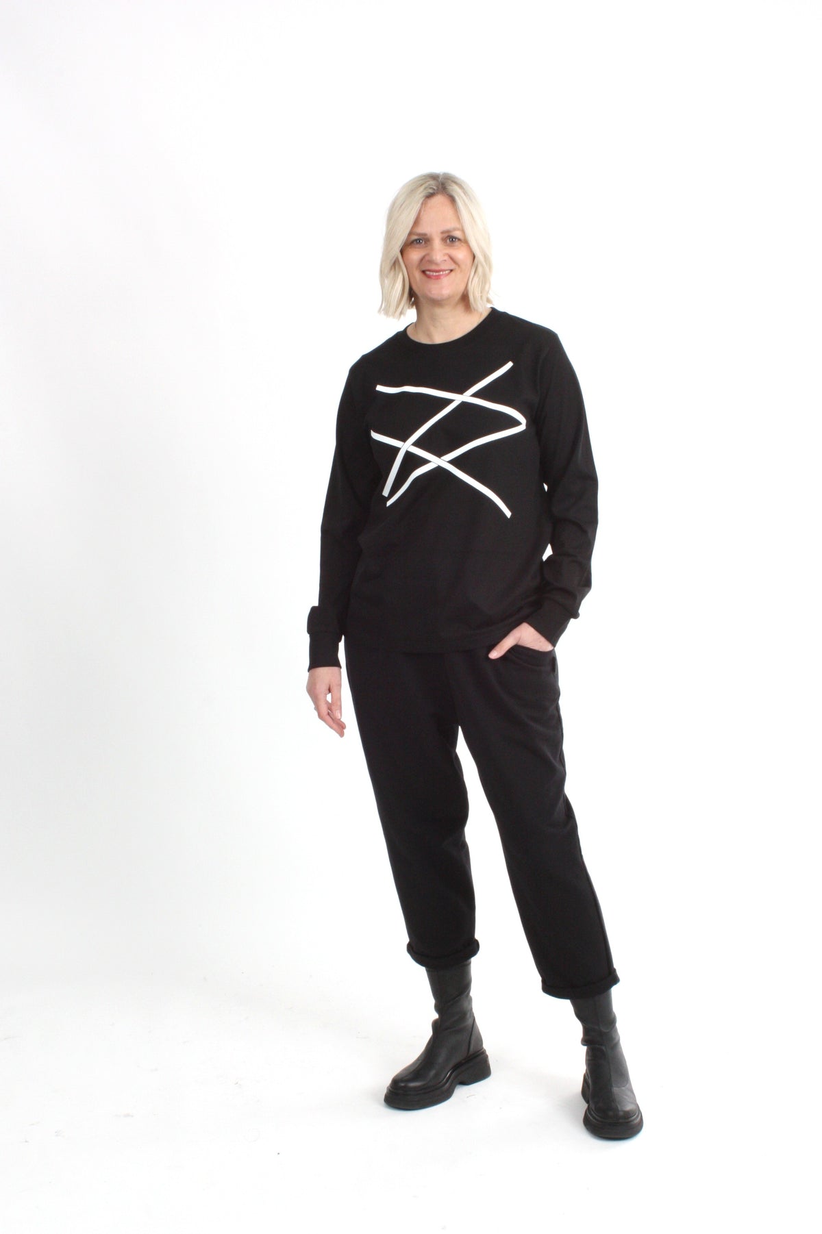 Long Sleeve Tee - Black with White Lines Print - Pre Order