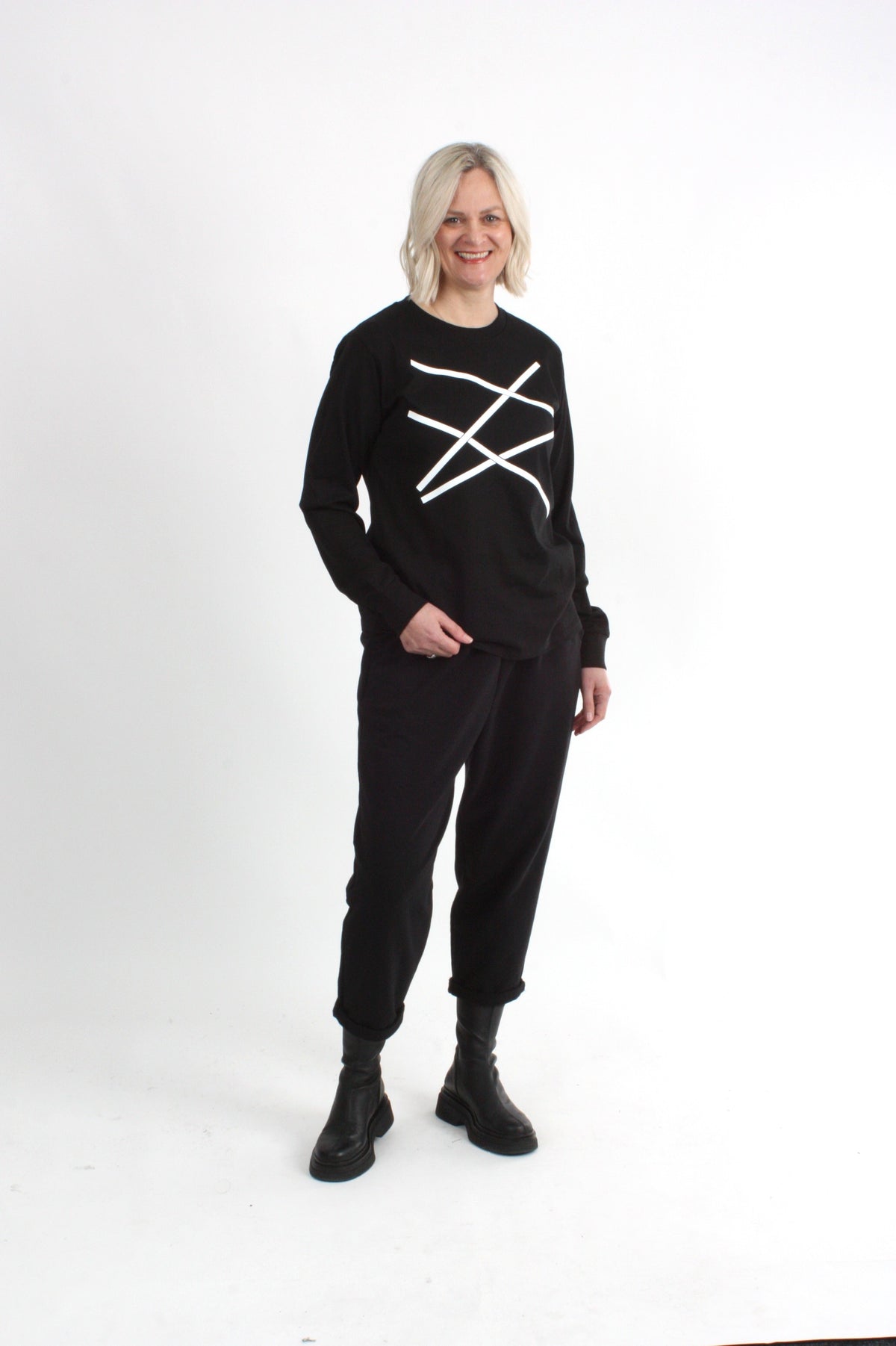 Long Sleeve Tee - Black with White Lines Print - Pre Order