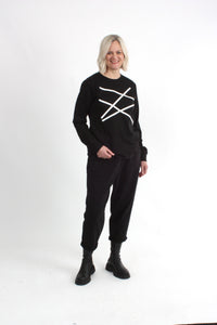 Long Sleeve Tee - Black with White Lines Print - Pre Order