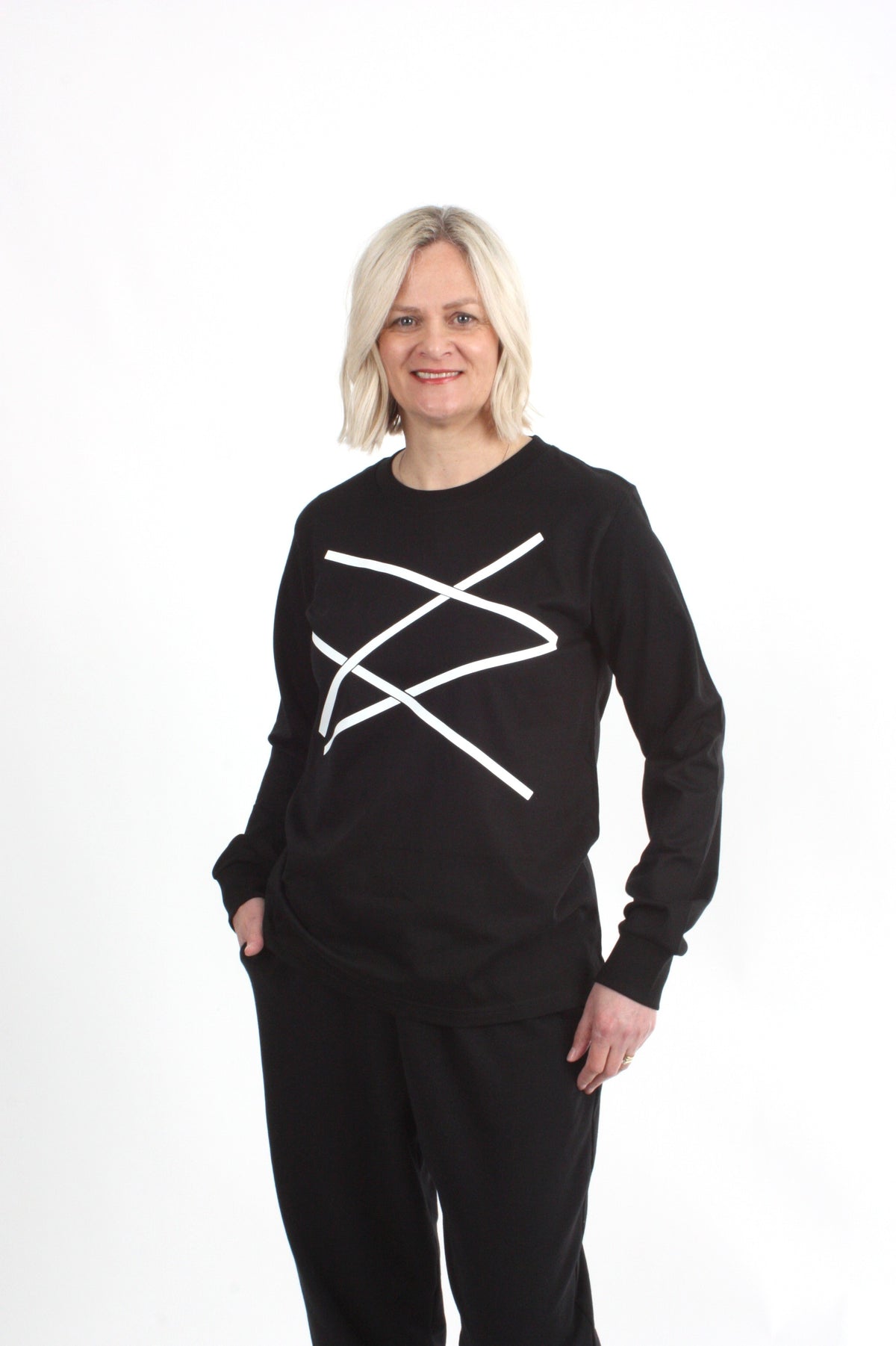 Long Sleeve Tee - Black with White Lines Print - Pre Order