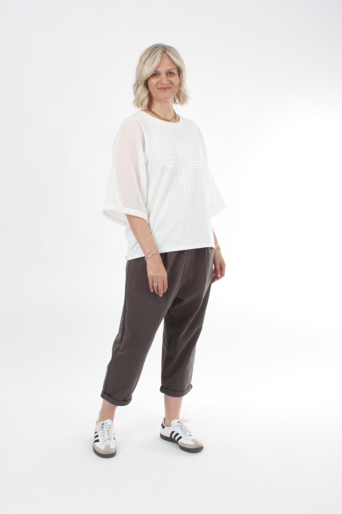 Bennie Top - White with White Mesh sleeves