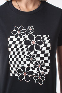 Tee Shirt - Navy - Checker Flowers Print - Pre Order