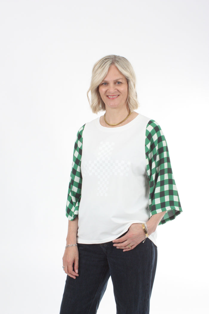 Bennie Top - Ivory with White Green Check sleeves