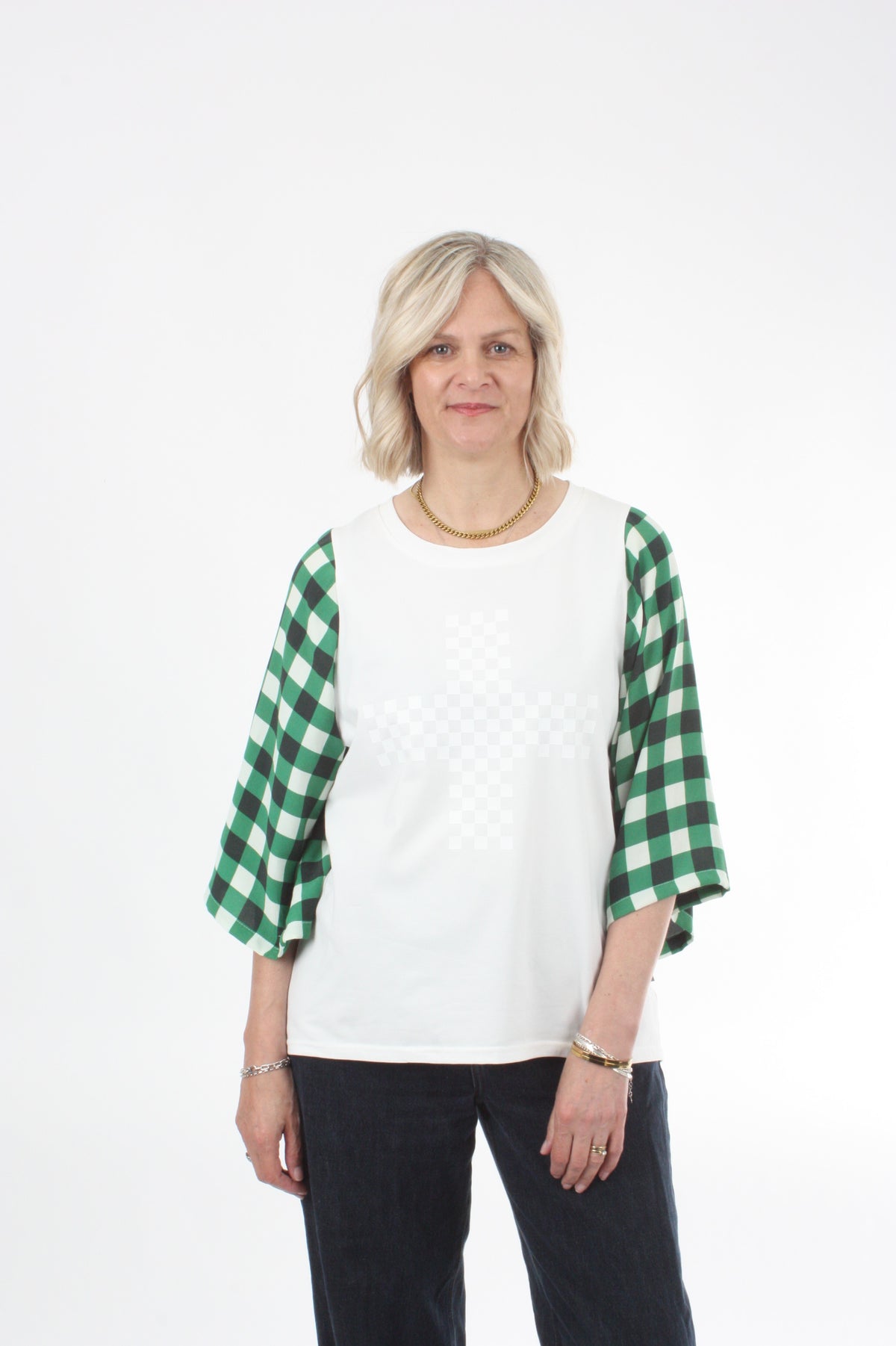 Bennie Top - Ivory with White Green Check sleeves