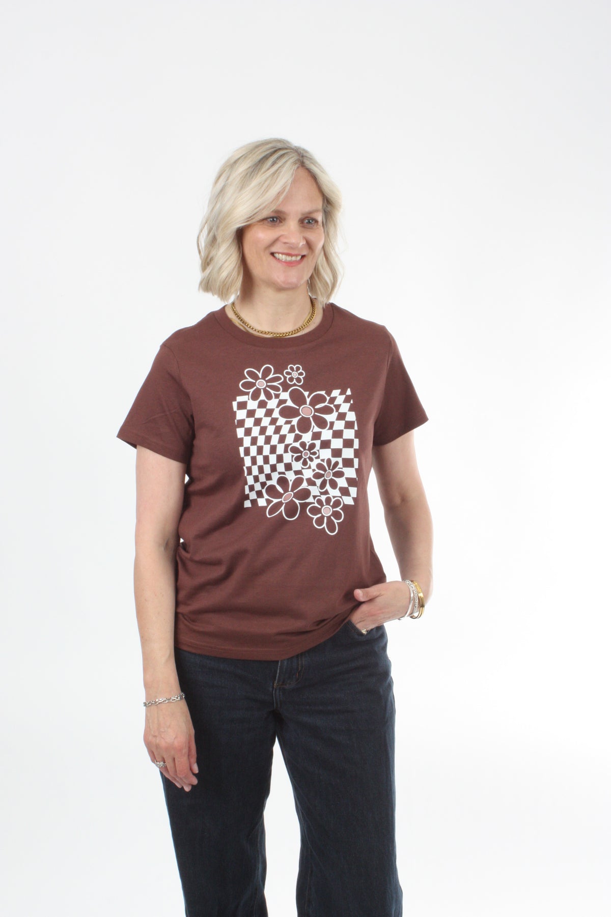 Tee Shirt - Chocolate - Checkerboard Print