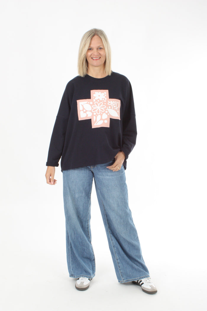 Oversized Sweater - Navy - Pink floral Cross Print - Pre-Order