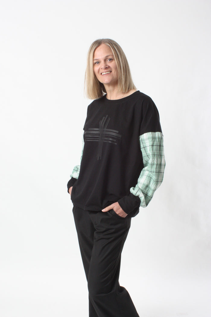 Quinn Top - Black - Green Check Sleeve