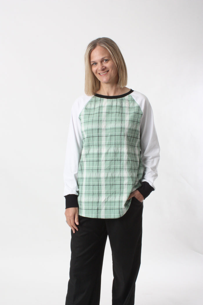 Natalie Top - Green Check White Sleeve