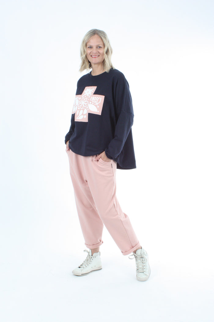 Oversized Sweater - Navy - Pink floral Cross Print - Pre-Order