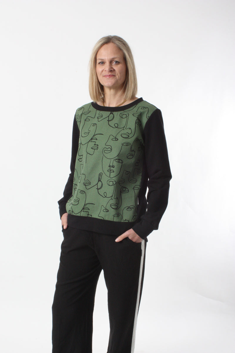 Sisters Sweater - Khaki black faces print