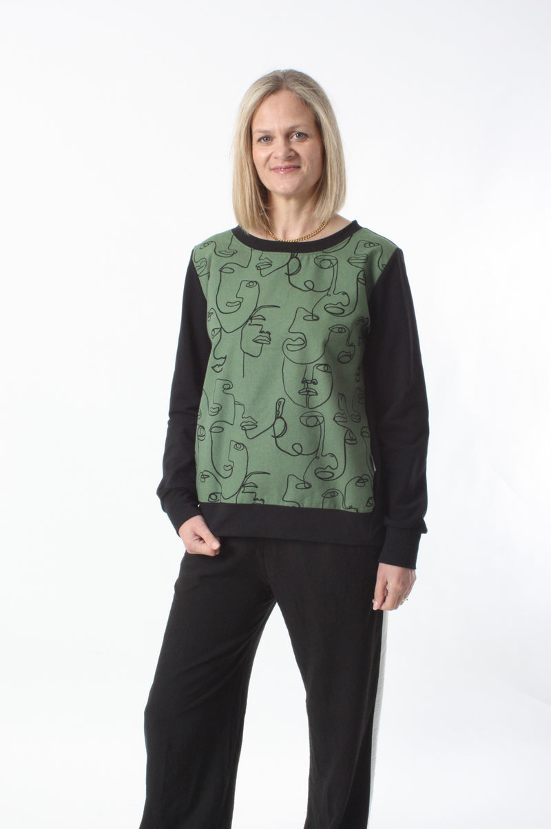 Sisters Sweater - Khaki black faces print