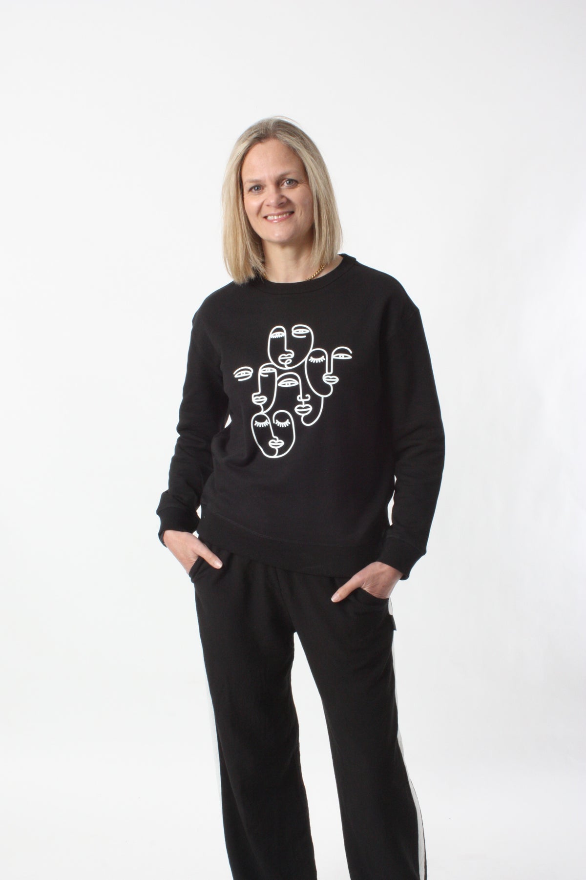 Crew Sweater - Black with white Faces Print - Pre-Order
