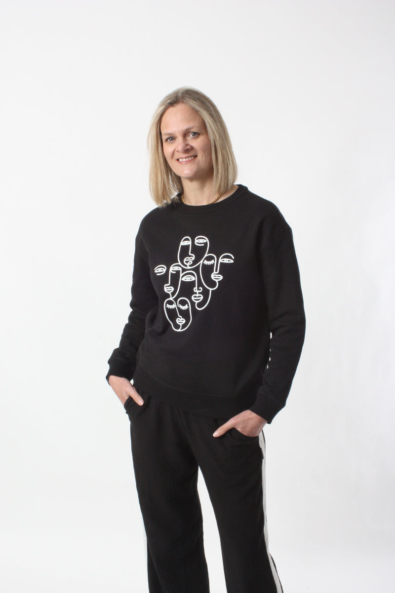 Crew Sweater - Black with white Faces Print - Pre-Order