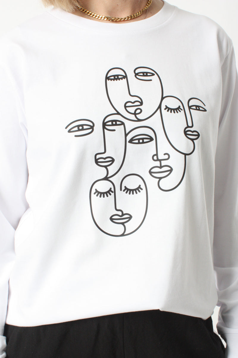 Long Sleeve Tee - White with Black faces Print - Pre Order