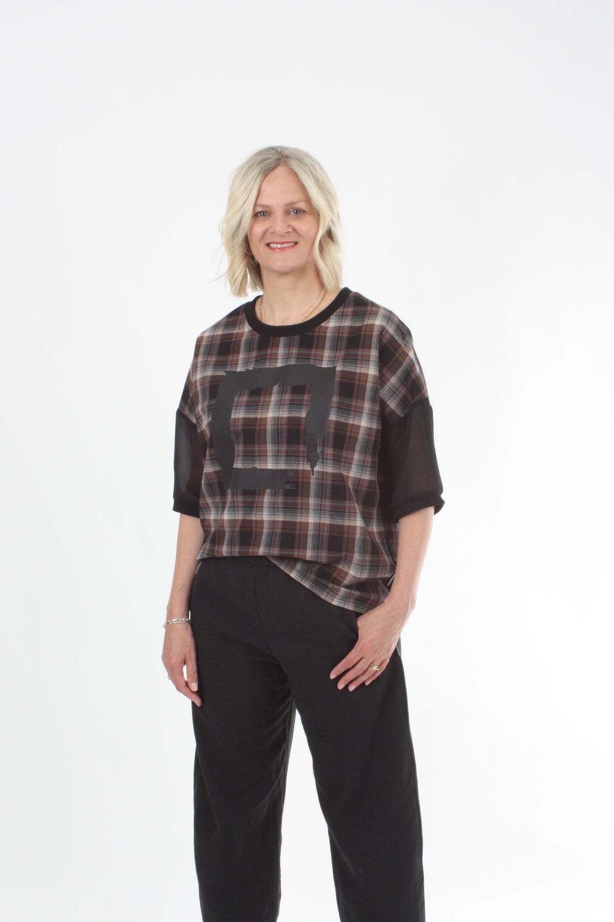 Florence Top - Chocolate Check and Black with Print