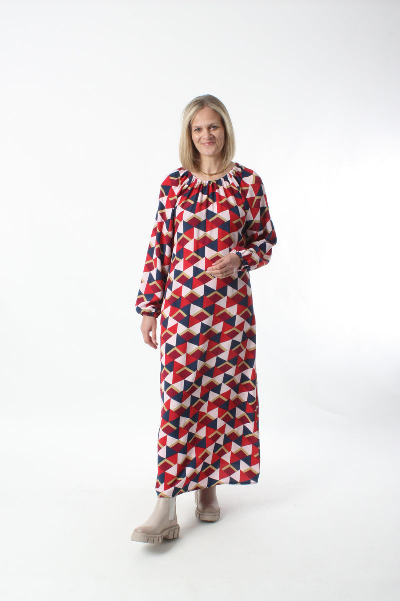 Jemima Dress - Navy Red Geo Print