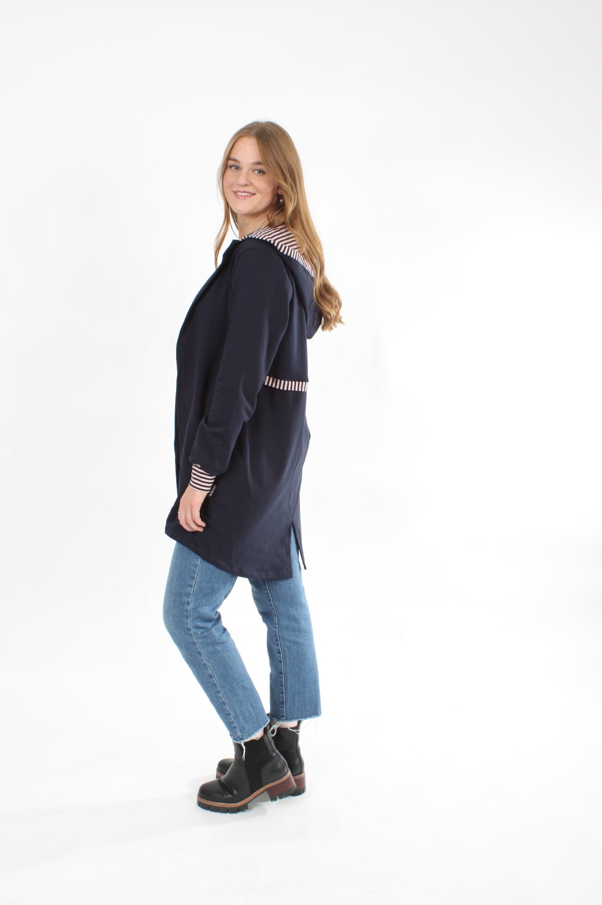 Hooded Sweater Jacket - Navy  with Navy and Pink trims