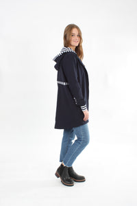 Hooded Sweater Jacket - Navy Navy and white stripe trims