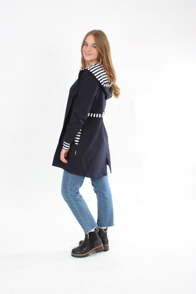 Hooded Sweater Jacket - Navy Navy and white stripe trims