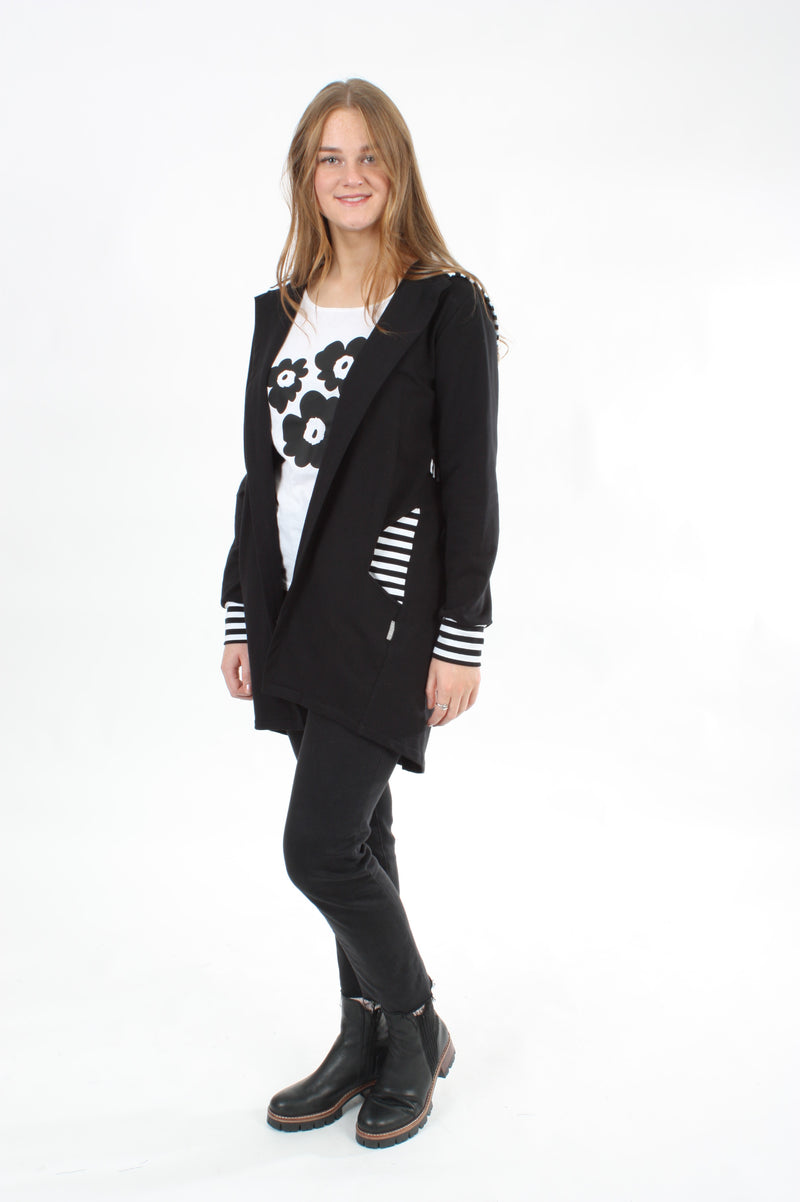 Hooded Sweater Jacket Black with Black white Stripe trims