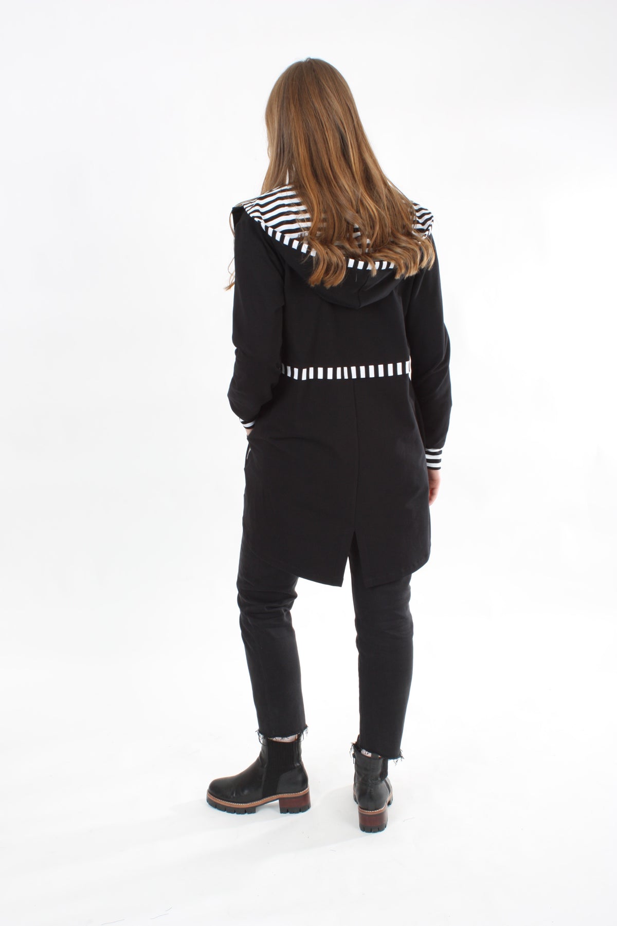Hooded Sweater Jacket Black with Black white Stripe trims