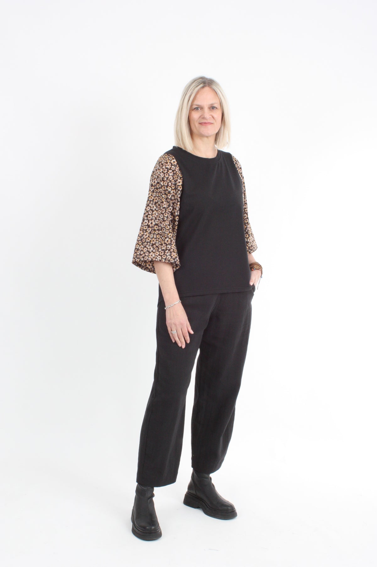 Bennie Top - Black with Floral Sleeve