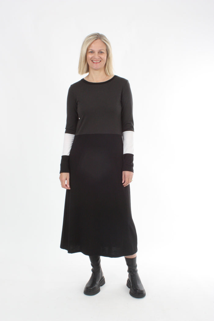 Milly Dress - Merino Chocolate Black and White - Pre Order