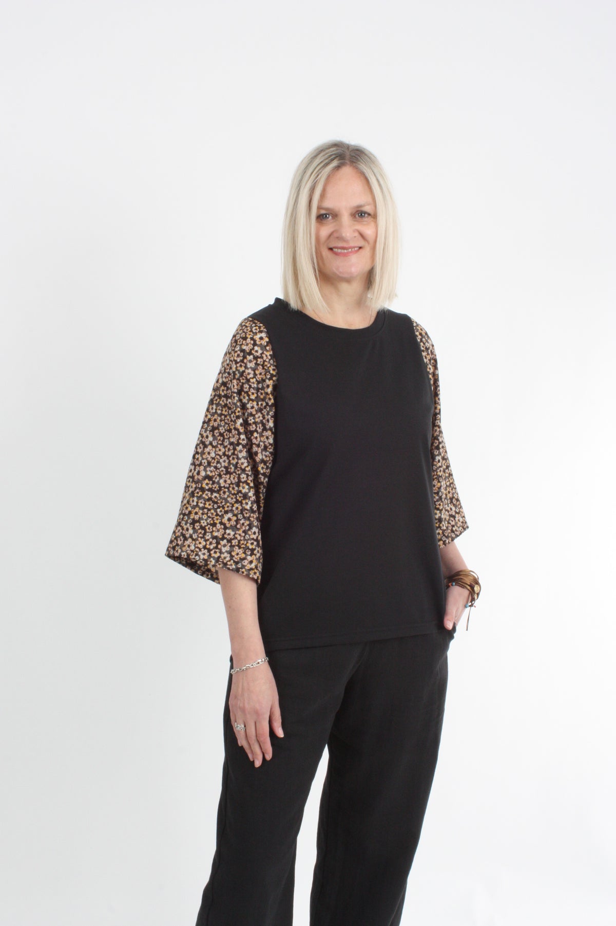 Bennie Top - Black with Floral Sleeve