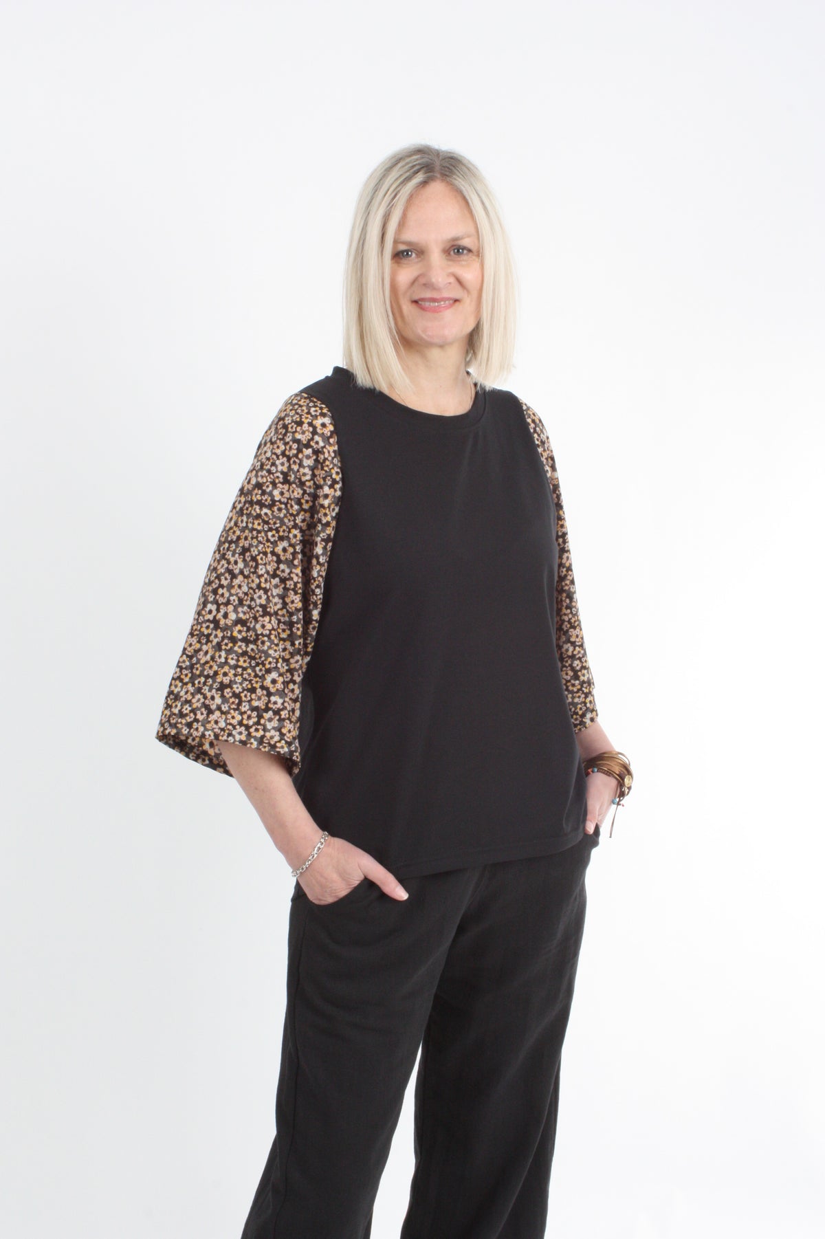 Bennie Top - Black with Floral Sleeve