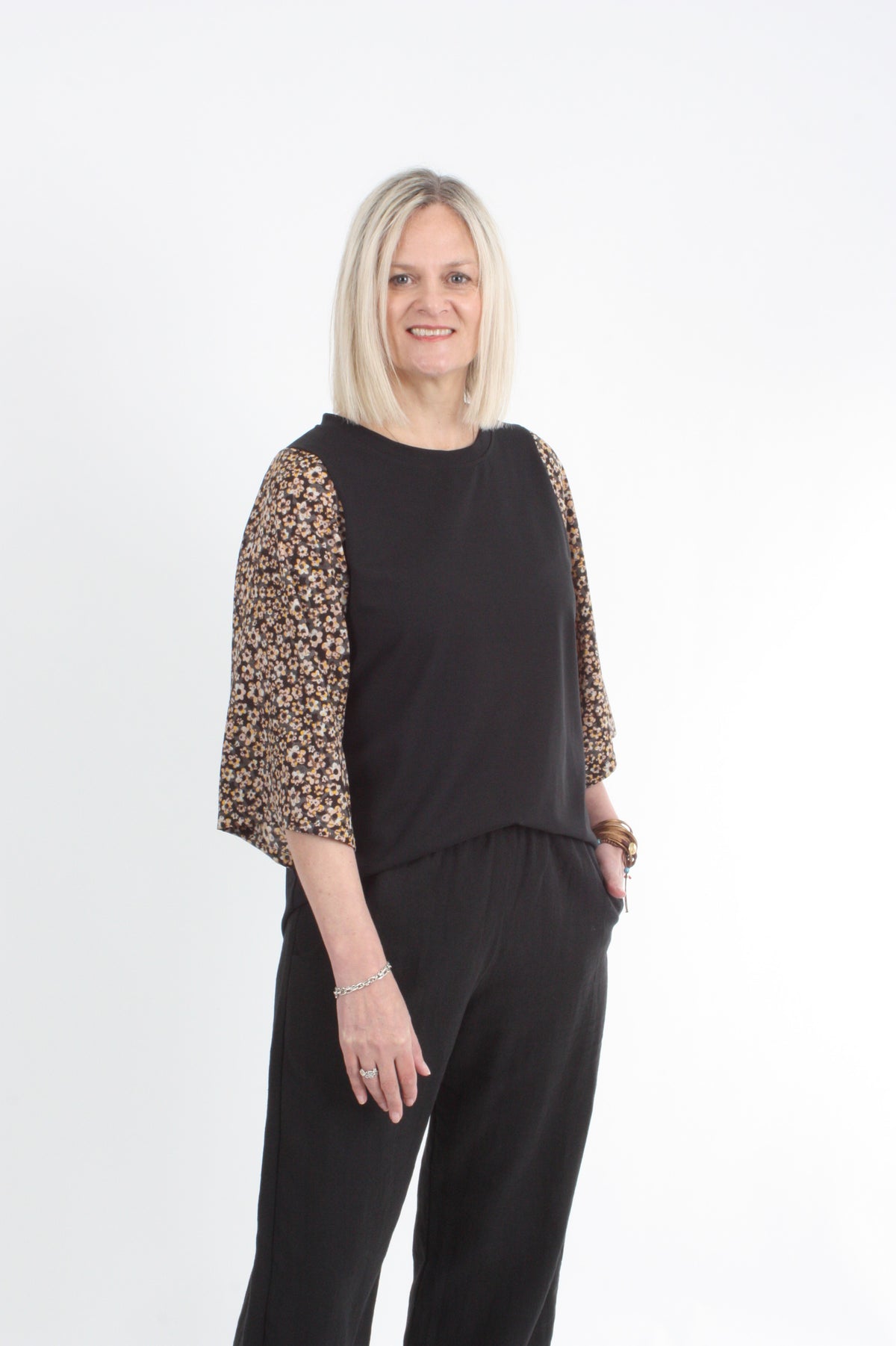 Bennie Top - Black with Floral Sleeve