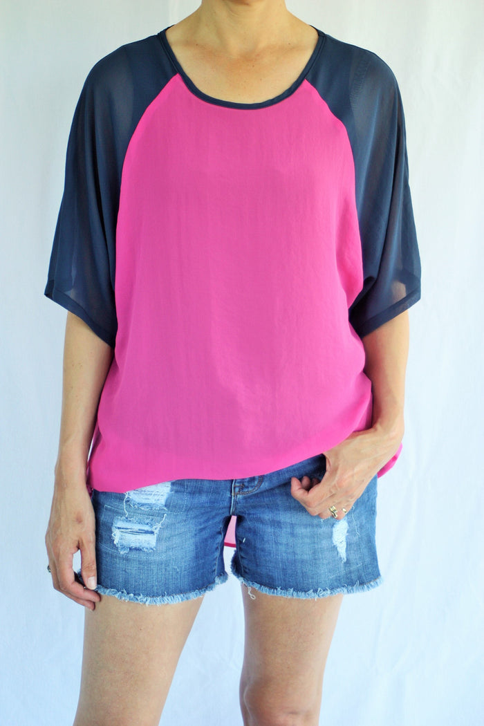 Kendra Top - Hot Pink Body Denim Sleeve - Pre-Order