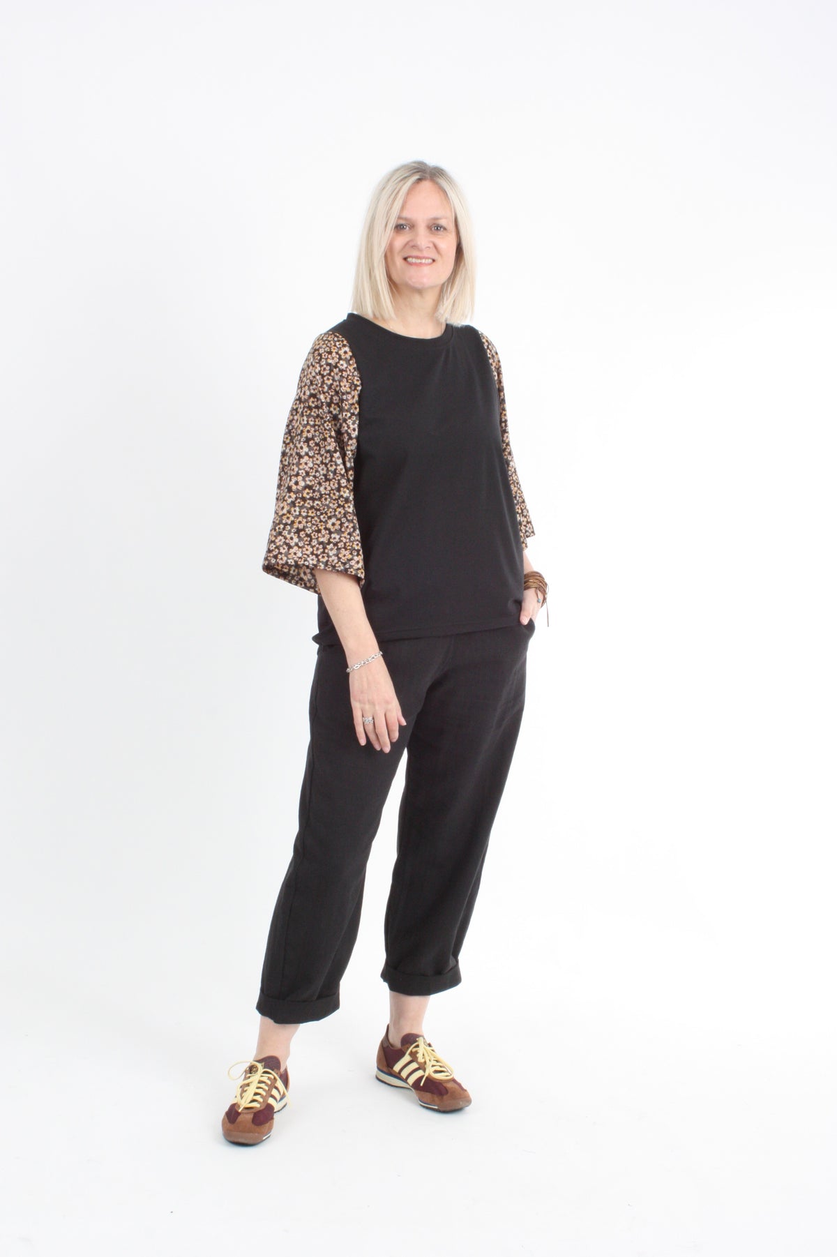 Bennie Top - Black with Floral Sleeve