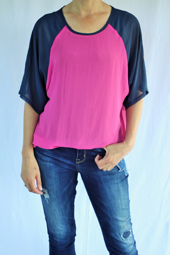 Kendra Top - Hot Pink Body Denim Sleeve - Pre-Order