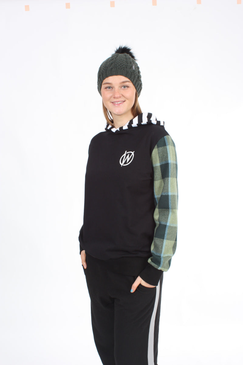 Holly Hoodie - Black with Green Tartan