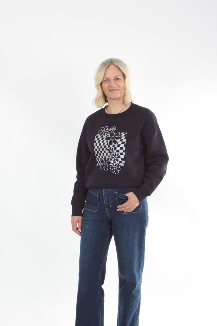 Crew Sweater - Navy - Silver Print
