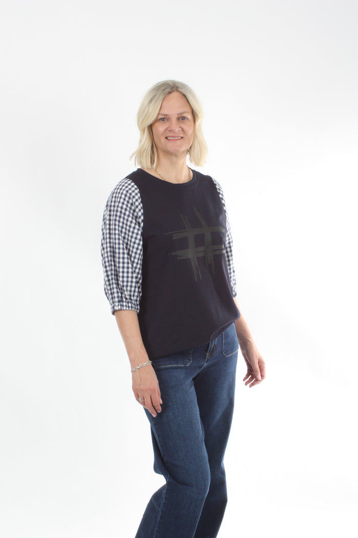 Bennie Top - Navy - Navy White Gingham Sleeve