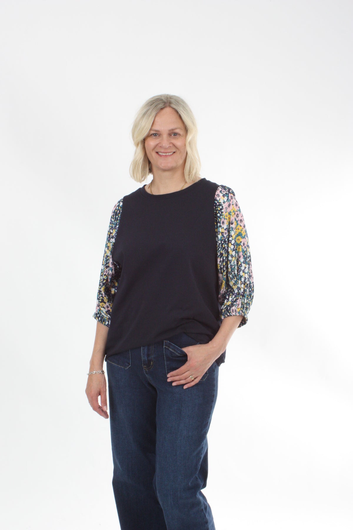 Bennie Top - Navy - Pink and yellow Print sleeve