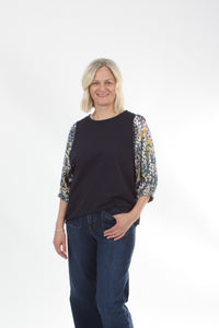 Bennie Top - Navy - Pink and yellow Print sleeve