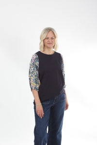 Bennie Top - Navy - Pink and yellow Print sleeve