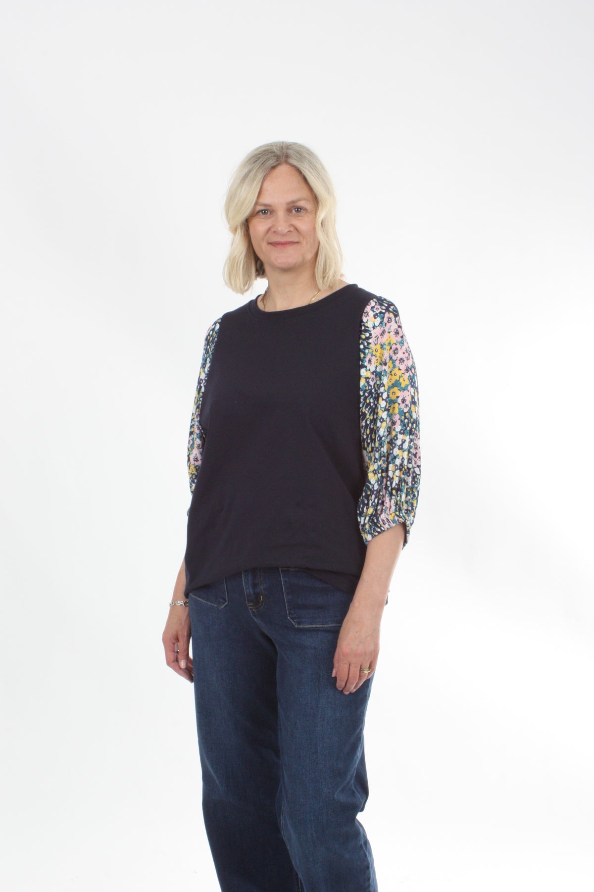 Bennie Top - Navy - Pink and yellow Print sleeve