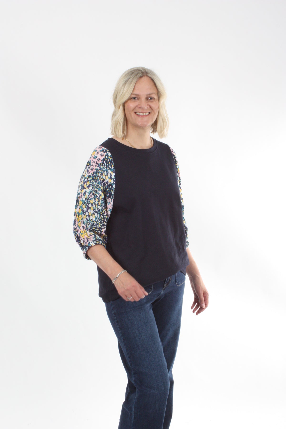 Bennie Top - Navy - Pink and yellow Print sleeve