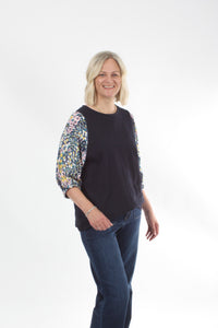 Bennie Top - Navy - Pink and yellow Print sleeve