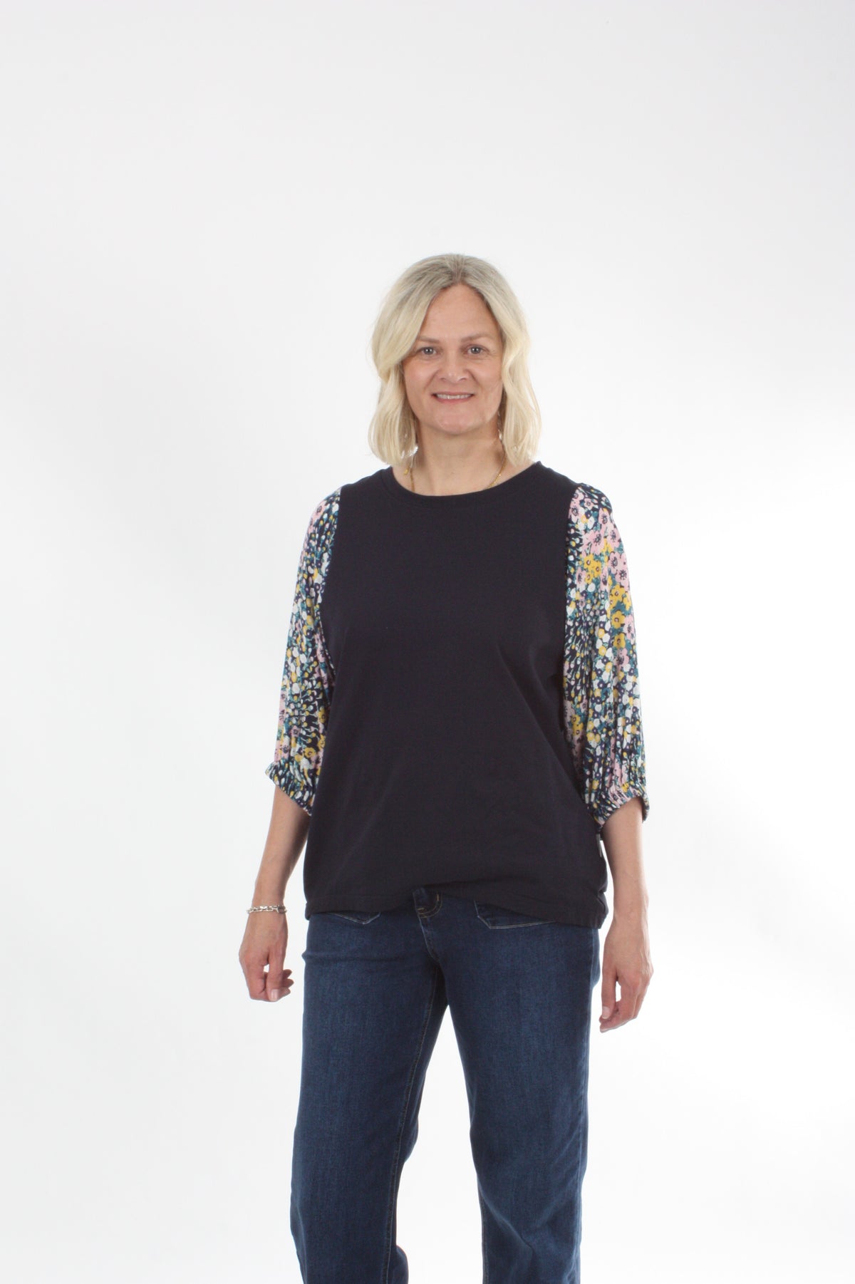Bennie Top - Navy - Pink and yellow Print sleeve