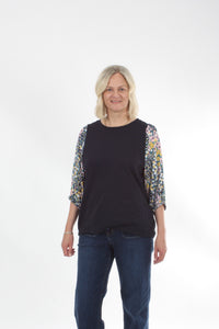 Bennie Top - Navy - Pink and yellow Print sleeve