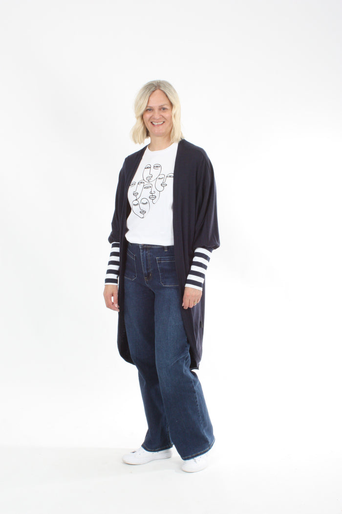 Cardi - Long - Navy Merino - Wide Stripe Cuff - Pre-Order
