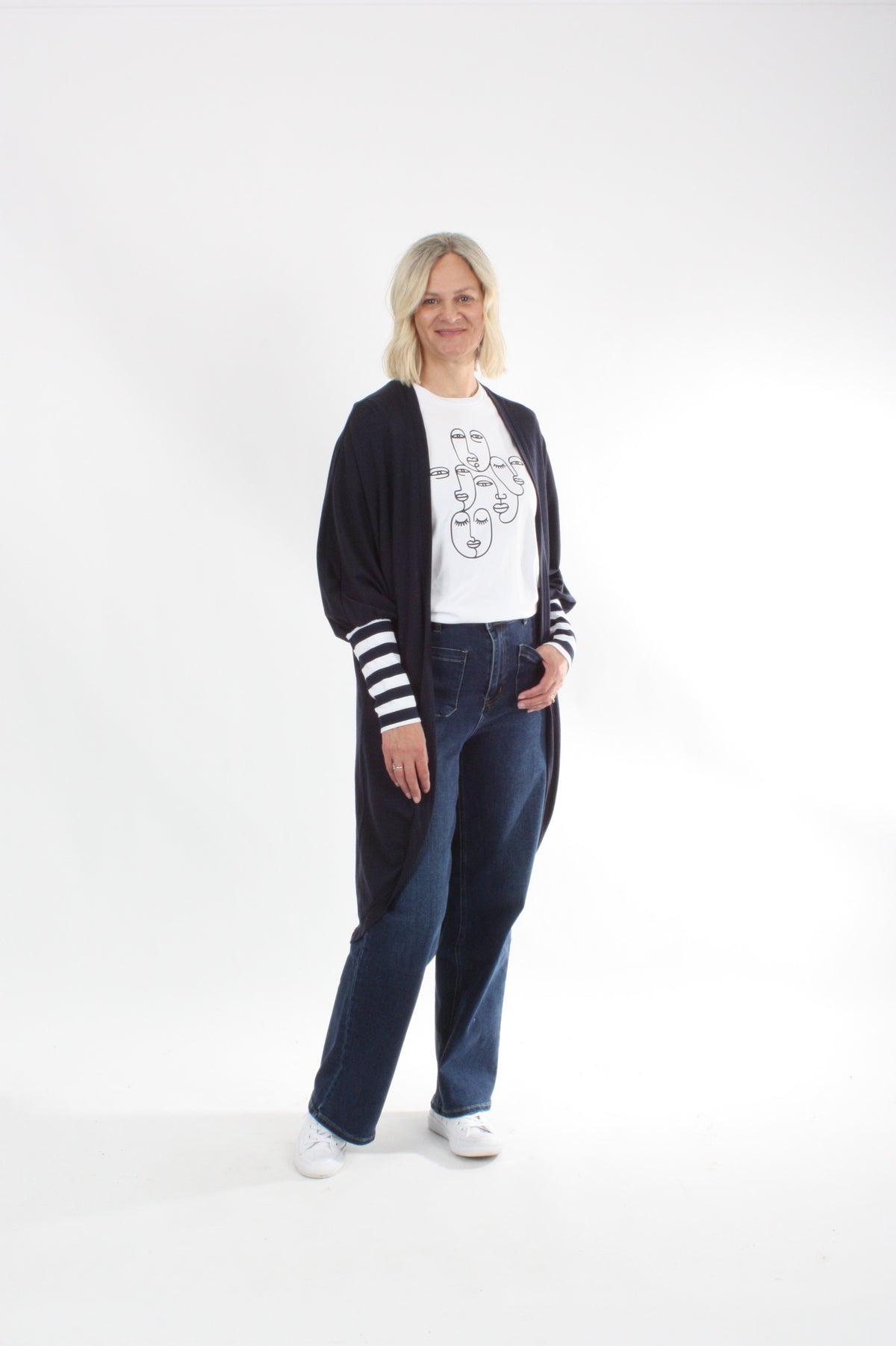 Cardi - Long - Navy Merino - Wide Stripe Cuff - Pre-Order